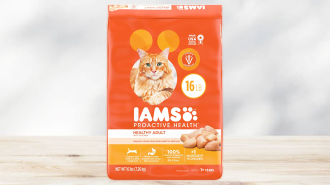IAMS Proactive Health Adult Dry Cat Food Chicken Flavor 16 lbs on a Table
