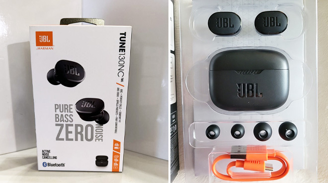 JBL Tune Earbuds Box on the Left Box Content on the Right