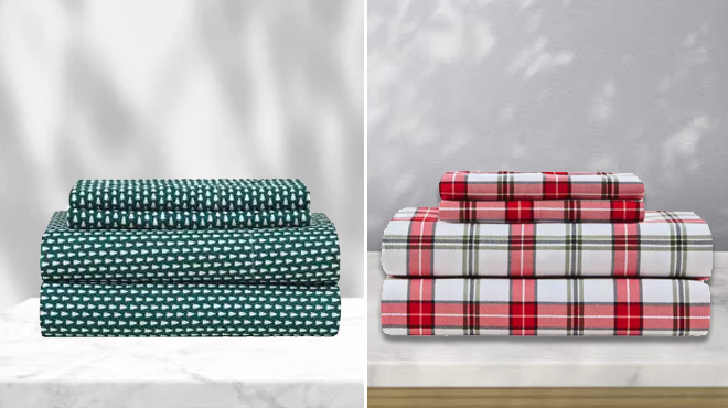 Joyland Christmas Tree Sheet Se in Color Green and Red White and Green Plaid Sheet Set