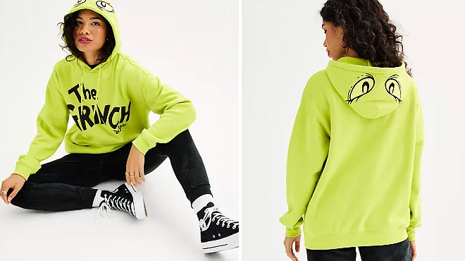 Juniors Grinch Eyes Graphic Hoodie from Front and Back