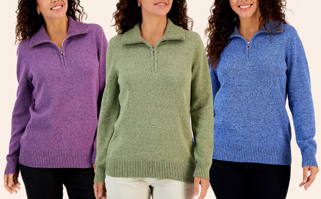 Karen Scott Womens Cotton Marl Zip Sweater