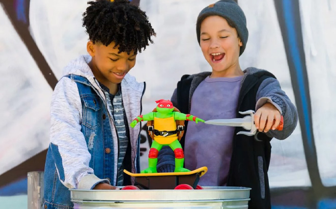 Kids Playing with Teenage Mutant Ninja Turtles Raphael Skate Vehicle