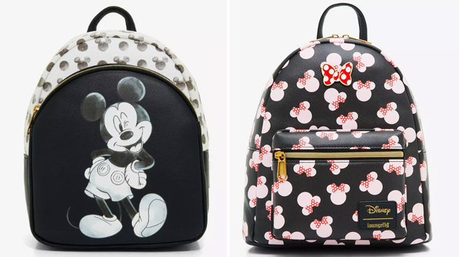 Loungefly Disney Mickey Mouse Wink Mini Backpack on the left and Loungefly Disney Minnie Mouse Mini Backpack on the right