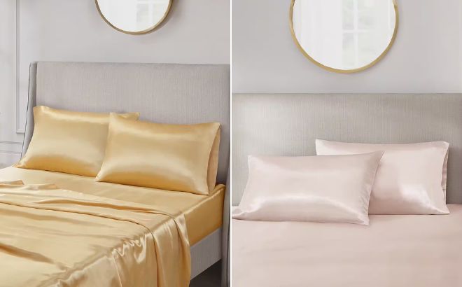 Madison park Essentials Satin Wrinkle Resistant Pillowcases in Gold and Blush Color