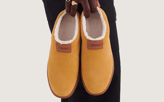 Man is Holding Timberland Mens Ashwood Park Slipper in Wheat Suede Color