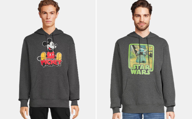 Man is Wearing Disney Mickey Mouse Mens Graphic Hoodie on the Left Side and Star Wars The Mandalorian Mens Graphic Hoodie on the Right Side