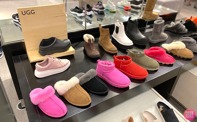 Many Styles of UGG Shoes on a Table Display