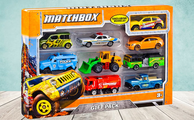 Matchbox Die Cast Toy Cars 9 Pack on a Table