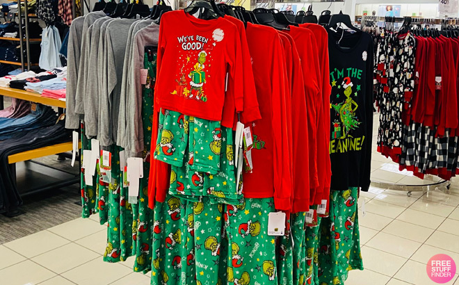 Matching Holiday Family Pajamas on Display at a Store