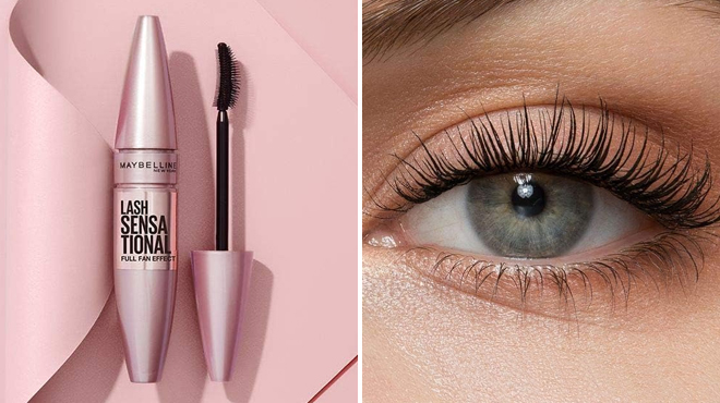 Maybelline Lash Sensational Washable Mascara on the Left and an Image of an Eye Using the Same Item on the Right Maybelline Lash Sensational Washable Mascara on the Left and an Image of an Eye Using the Same Item on the Right