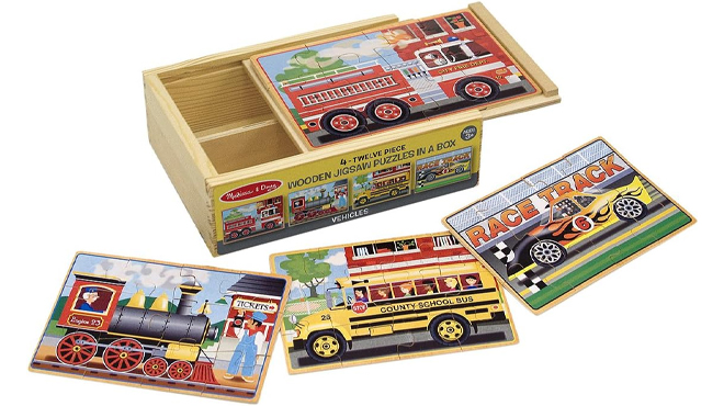 Melissa Doug Vehicles 4 in 1 Wooden Jigsaw Puzzles in a Storage Box 48 pcs