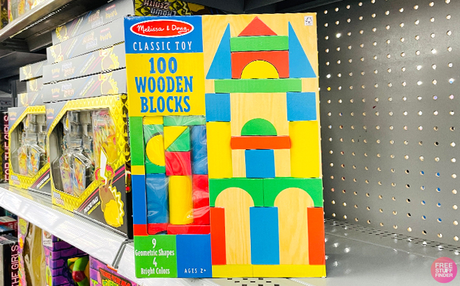 Melissa & Doug 100-Piece Wooden Building Block Set on a Shelf at Walmart