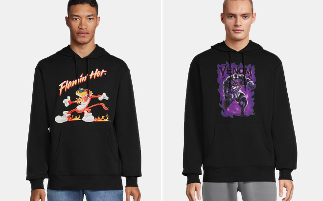 Men is Wearing Cheetos Chester Mens Graphic Hoodie on the Left Side and Marvel Venom Mens Graphic Hoodie on the Right Side