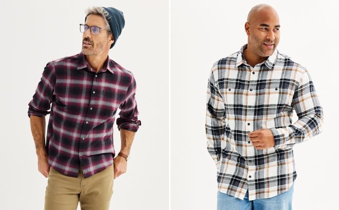 Mens Apt 9 Premier Flex Standard Fit Flannel Button Down Shirt on the Left and Big Tall Sonoma Goods For Life Regular Fit Flannel Button Down Shirt on the Right Side