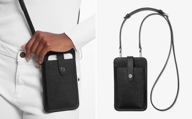 Michael Kors Saffiano Leather Smartphone Crossbody Bag in Black Color