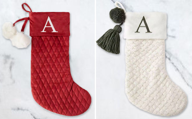 Monogram Christmas Red Quilted Stockings and Monogram Christmas Ivory Knit Stockings