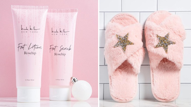 Nicole Miller Bath and Body Gift Set with Slippers, Foot Scrub, and Lotion Nicole Miller Bath and Body Gift Set with Slippers, Foot Scrub, and Lotion