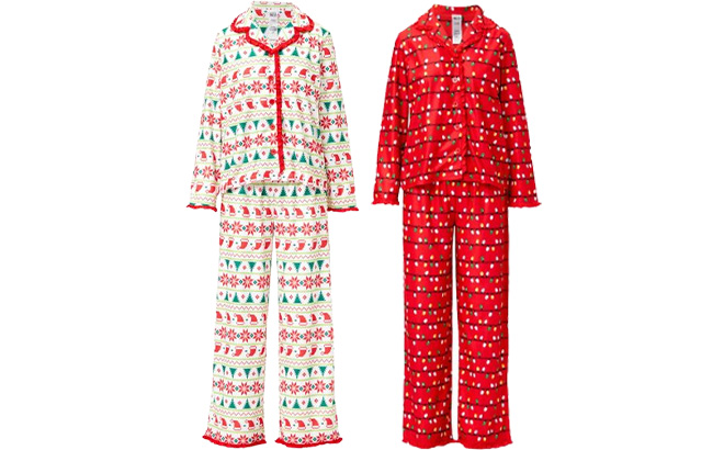 Night Life Red Fair Isle Button Up Long Sleeve Pajama Set and Night Life Red Festive Lights Long Sleeve Pajama Set