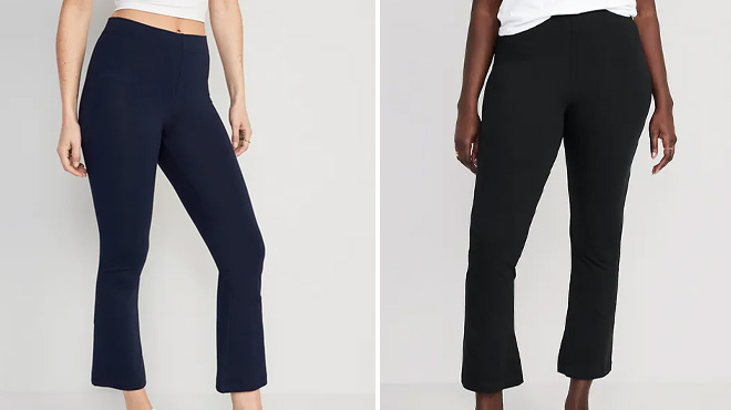 Two Photos of Models Wearing Old Navy High-Waisted Cropped Flare Leggings