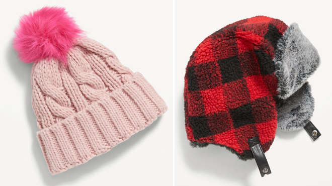 Old Navy Cable Knit Faux Fur Pom Pom Beanie for Girls and Sherpa Faux Fur Trim Trapper Hat for Boys