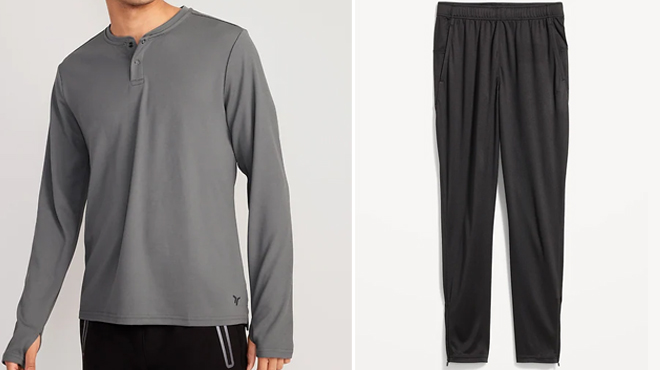 Old Navy Long Sleeve Thermal Knit Performance Henley on the left and Old Navy Go Dry Tapered Performance Sweatpants on the right Old Navy Long Sleeve Thermal Knit Performance Henley on the left and Old Navy Go Dry Tapered Performance Sweatpants on the right