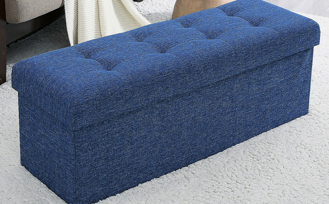 Ornavo Home Foldable Tufted Linen Large Storage Ottoman Bench Navy