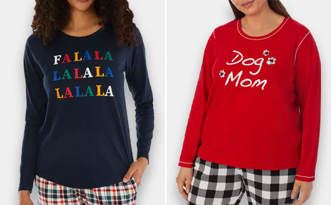 Pajamarama Womens Falala Multi Plaid Long Sleeve Sleep Crew Neck T Shirt and Pajamarama Plus Size Dog Mom Graphic Pajama T Shirt