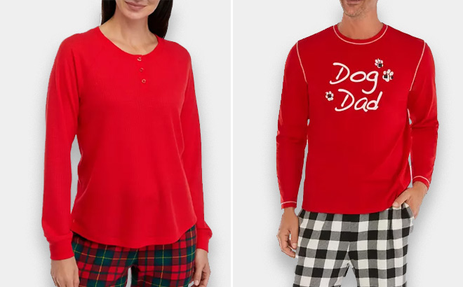 Pajamarama Womens Vintage Red Plaid Long Sleeve Henley Pajama Shirt and Dog Dad Pajama T Shirt