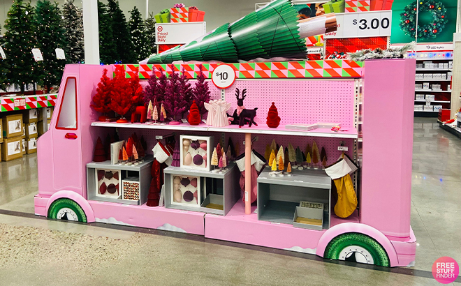 Pink Bus Display Filled with Christmas Decor at Target