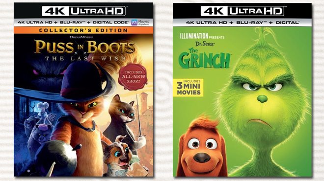 Puss in Boots The Last Wish Movie on the left and Illumination Presents Dr Seuss The Grinch on the right