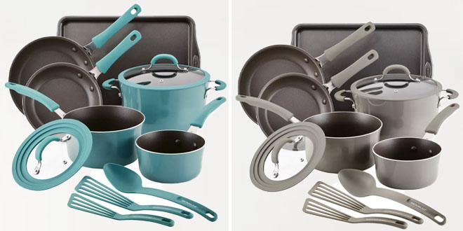 Rachael Ray 11 Piece Cookware Set Gray and Agave Blue Colors