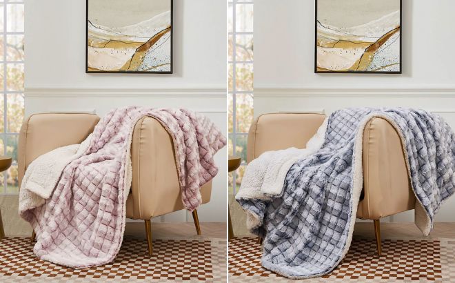 Royal Luxe Reversible Micromink to Faux Sherpa Throw in Pale Pink and Pale Blue Color