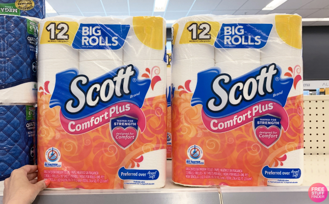 Scott ComfortPlus Toilet Paper 12 Pack on Rack