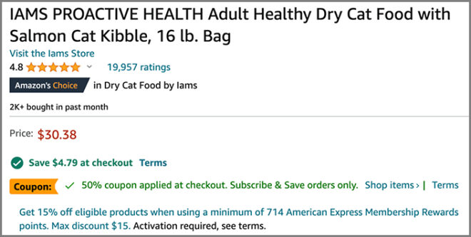 Screenshot of IAMS Proactive Health Adult Dry Cat Food Salmon Flavor 16 lbs at Amazon