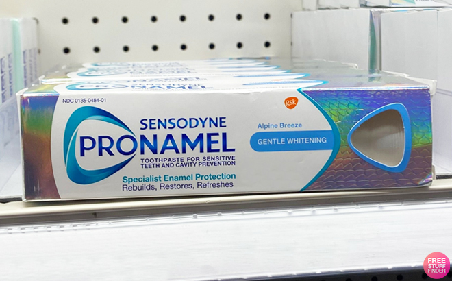 Sensodyne Pronamel Whitening Toothpaste in Alpine Breeze on a Shelf