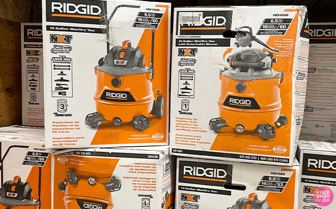 Several boxes of Ridgid 16 Gallon Wet and Dry Shop Vacuum at Home Depot