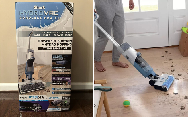 A Photo of the Shark HydroVac Cordless Pro XL Vaccuum on the Left and a Photo of a Person Using the Vacuum on the Right