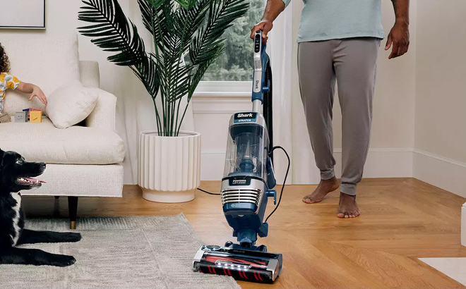 A Person Using the Shark Stratos Upright Vacuum at Home