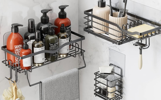 Shower Storage Caddy Rack 3 Pack in Black Color on the Wall Shower Storage Caddy Rack 3 Pack in Black Color on the Wall