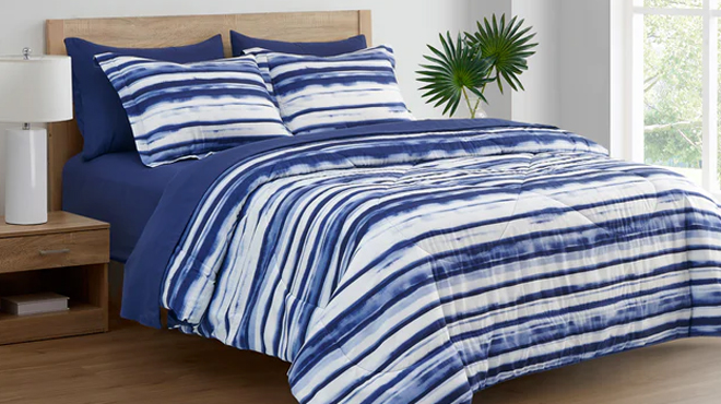 Spirit Linen Home 10 Piece Comforter Set in Blue White Abstract Stripe