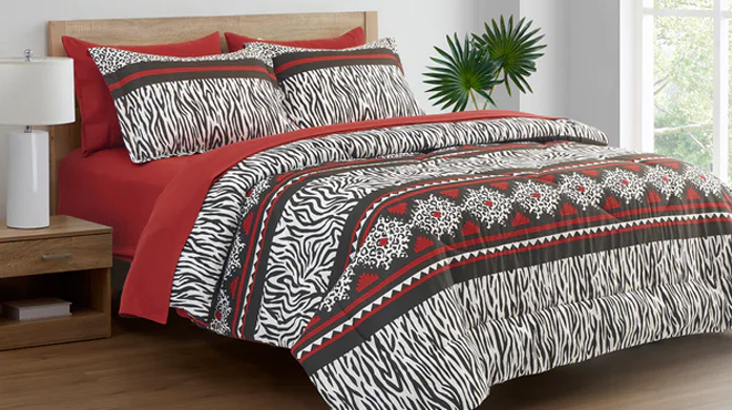 Spirit Linen Home 10 Piece Comforter Set in Red Black Animal Print Geometric