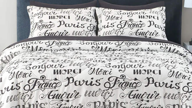 Spirit Linen Home 10 Piece Comforter Set in White Black French Script