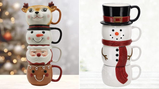 Two Photos of Snowman and Santa Holiday Stacking Mugs