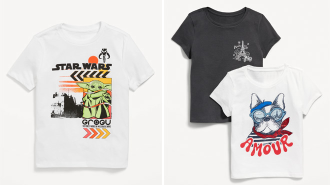 Star Wars Graphic T Shirt on the left and Old Navy Girls Graphic T Shirt 2 Pack on the right