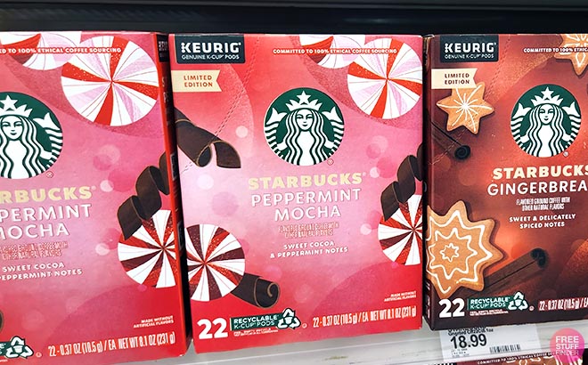Starbucks Peppermint Mocha Medium Roast Coffee Keurig K Cup in shelf