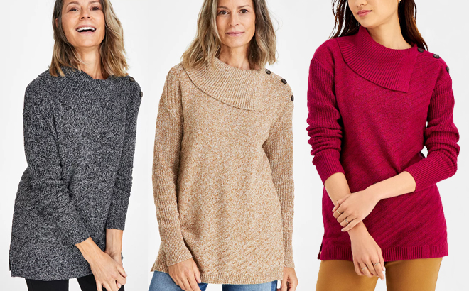 Style Co Womens Ribbed Button Tunic Sweater in Three Colors