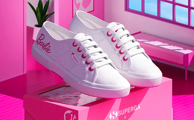 Superga x Barbie White Sneakers on a Box in Barbie House