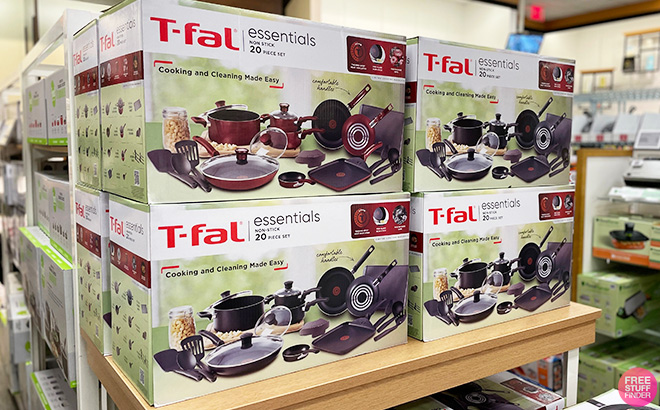 Several Boxes of T-Fal Essentials 20-Piece Nonstick Cookware on Display at Kohl's