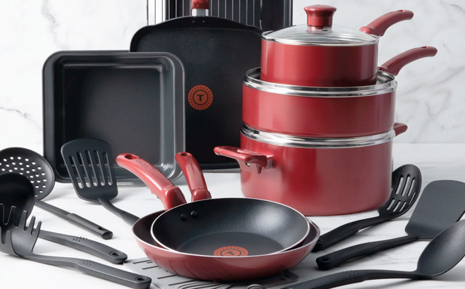 T fal Kitchen Solutions 21pc Cookware Set in Red
