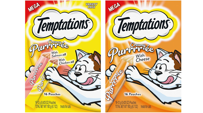 Temptations Creamy Cat Treats in CHicken Salmon Lickable on the left and Cheese Lickable on the right